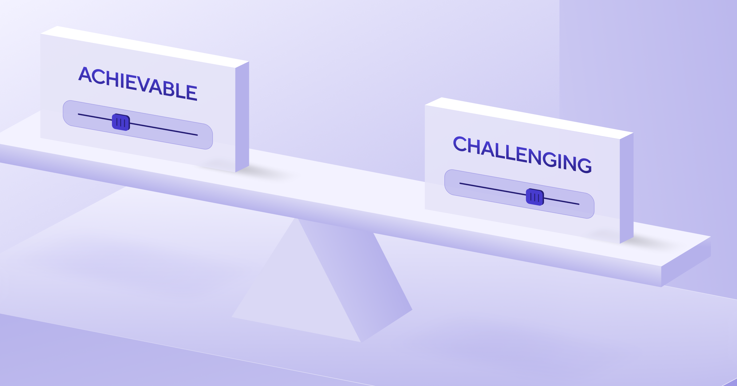 Purple illustration of a balance scale, with 'Challenging' weighing down the right side and 'Achievable' raised on the left.