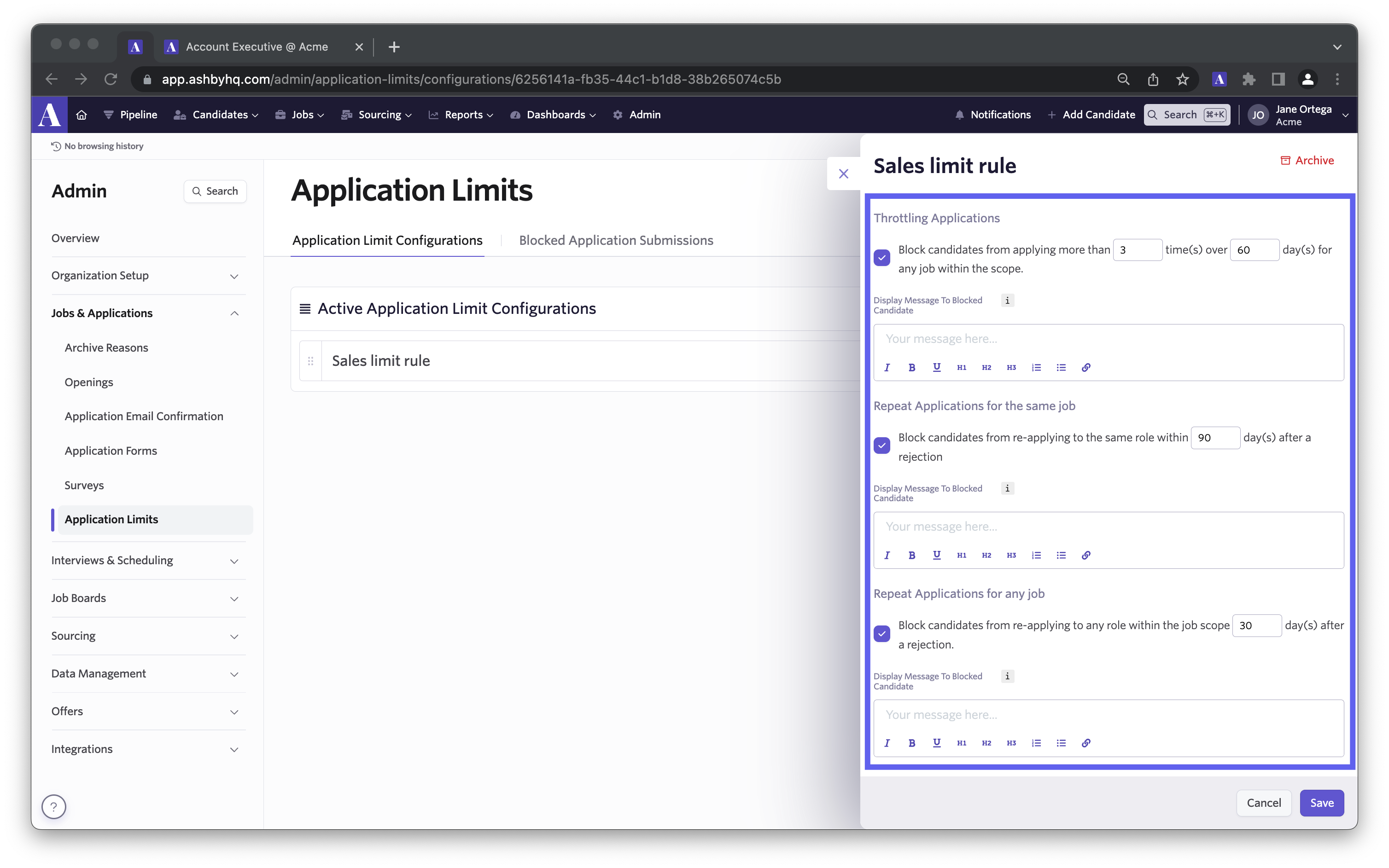 configuring your application limit rules